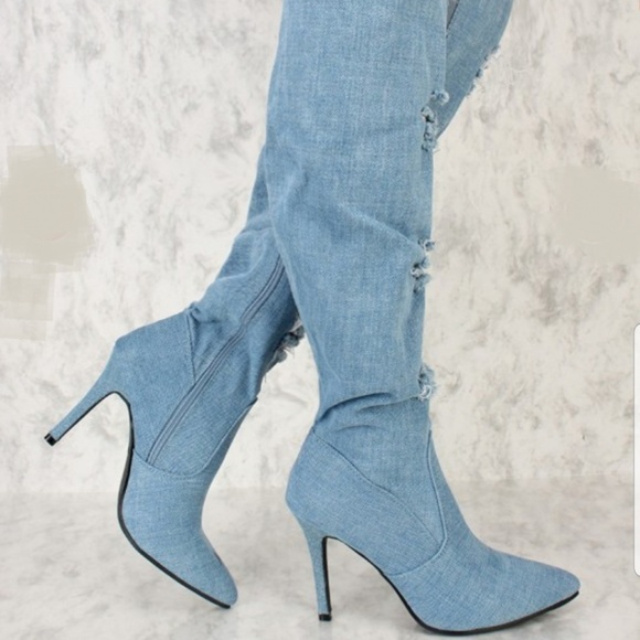 🆕️ DENIM DISTRESSED POINTY TOE THIGH HIGH BOOTS - Picture 5 of 8